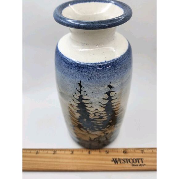 Bill Aitken Art Pottery Vase 7.5in Signed Blue Evergreen Pine Trees Stoneware - Picture 3 of 8